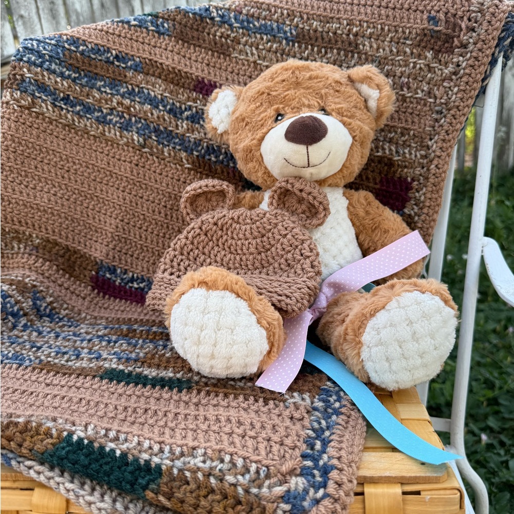 Beautifully crocheted Brown Baby Blanket with Hat set!